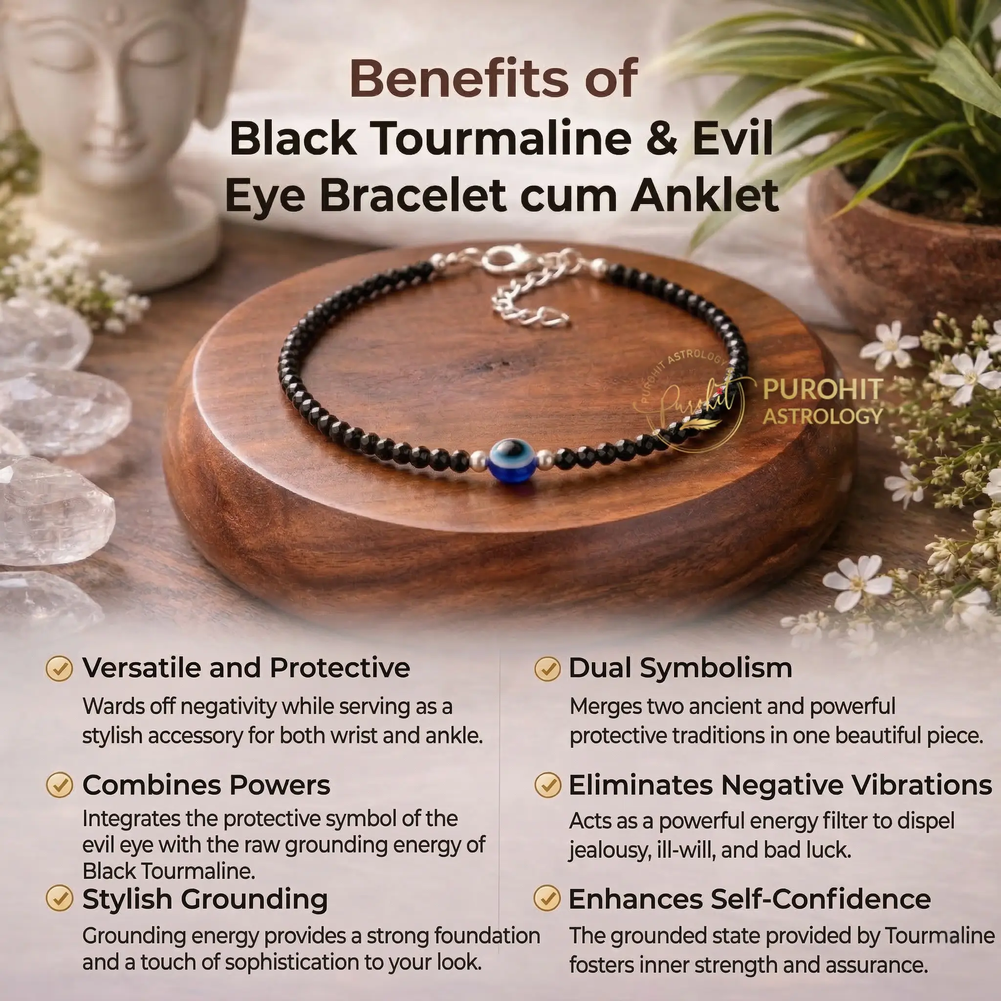 Benefits of Black Tourmaline Evil Eye Bracelet cum Anklet