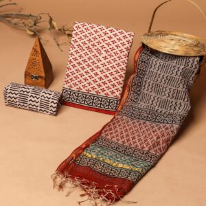 Red, Beige & Black Cotton Suit Kota Doria Dupatta