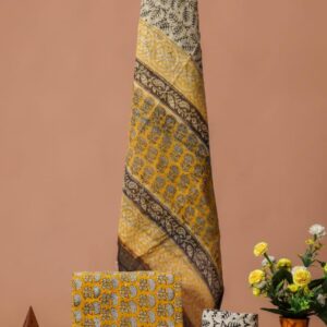 Yellow Black Cotton Suit + Kota Doria Dupatta