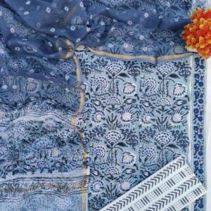 Bhandani Blue Cotton suit + Kota Doria Dupatta