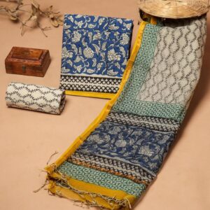 Blue Handblocked Cotton Suit + Kota Doria Dupatta