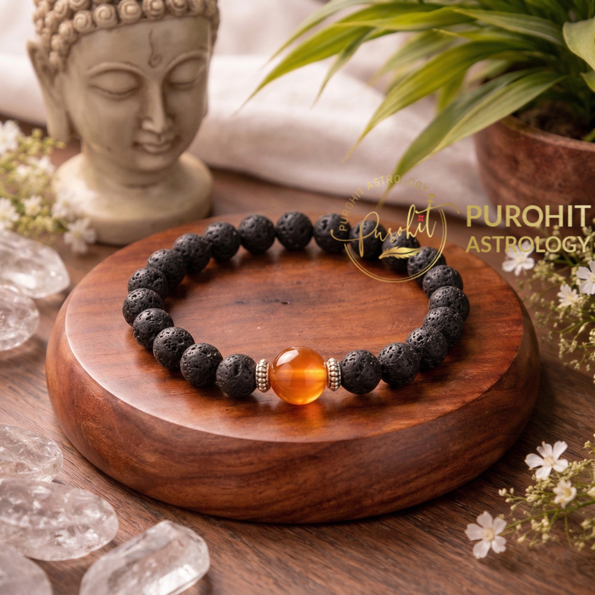 Black Lava Stone Bracelet with Sunstone Bead