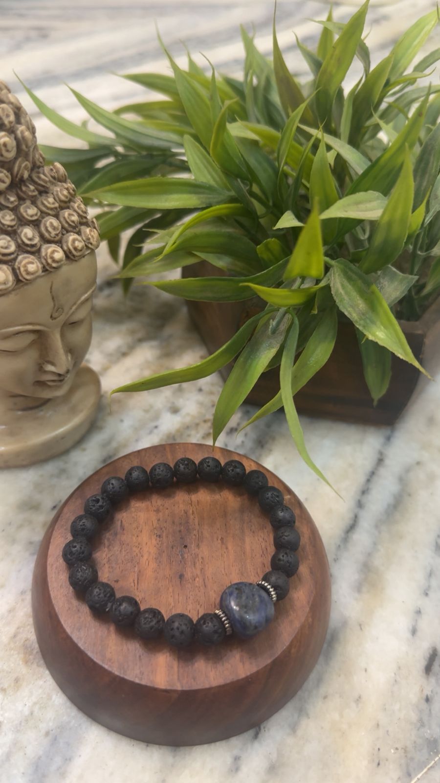 Black Lava Stone Bracelet with Blue Sodalite Bead