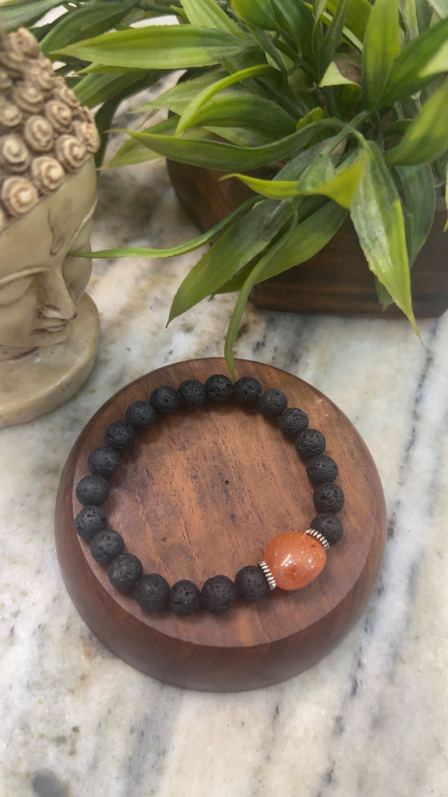 Black Lava Stone Bracelet with Sunstone Bead